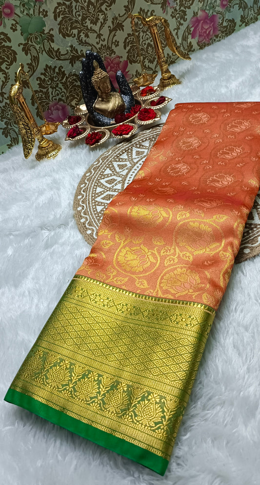 Sunset Blossom Vegan Kanchi Tissue Silk Saree Orange