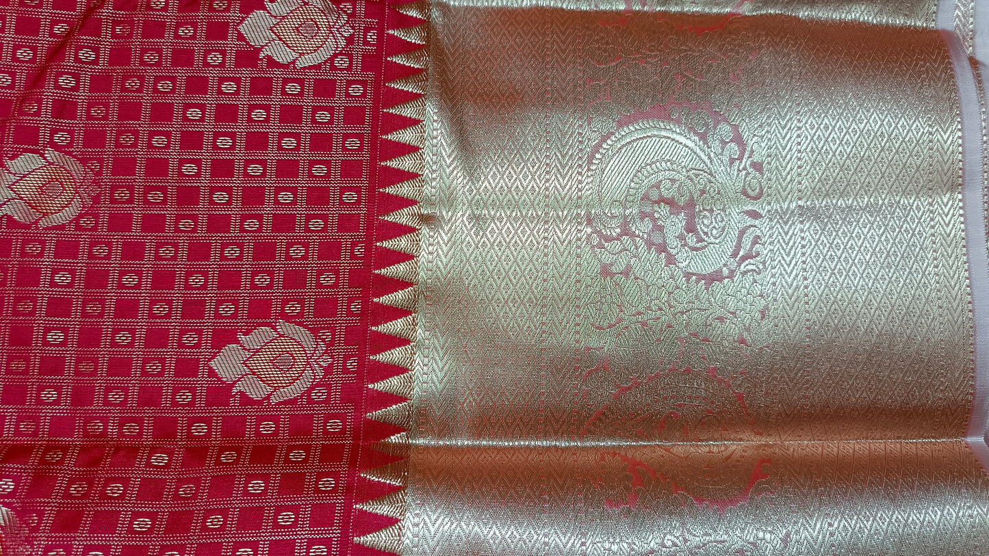 Chilli Red with pastel peach Parijatham Vegan premium kanchi brocade silk saree LA25930