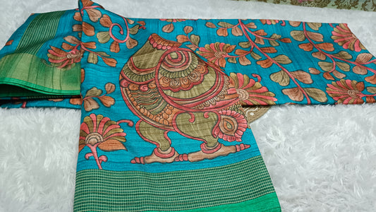 Blue with green khushboo digital printed kalamkari vegan tussar saree SA25696