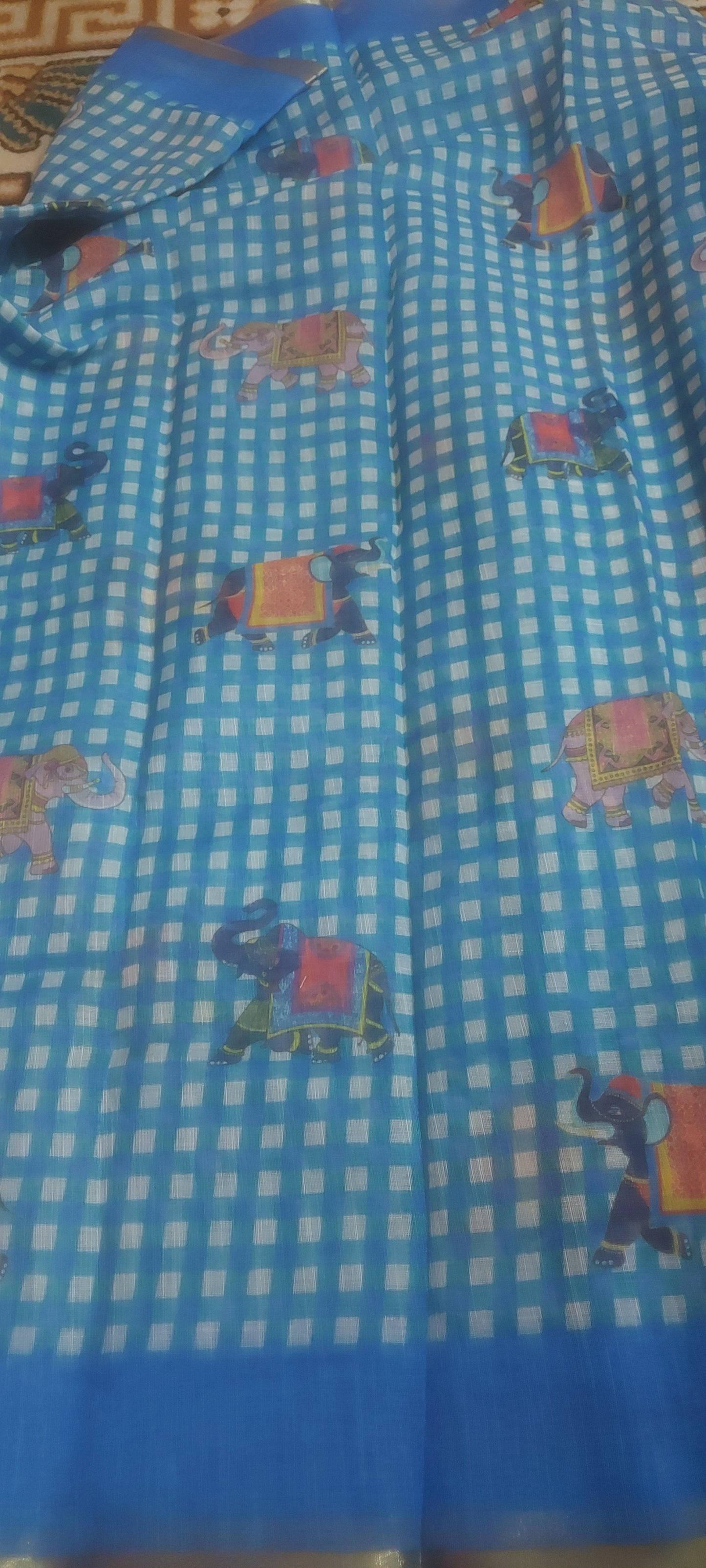 Blue Gingnam checks elephant vegan linen saree JA26010