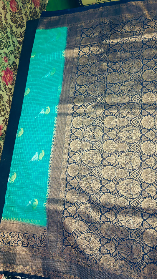 Sapphire green Green Midhuna Pakshi Premium Vegan Crepe silk Saree MA25219
