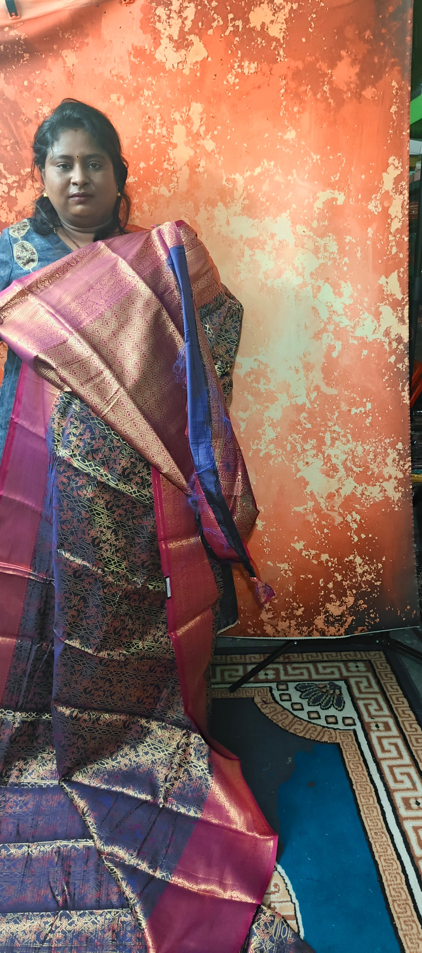 Navy blue with pink Raj Nandhini Vegan Kanchi Silk Saree JA25284