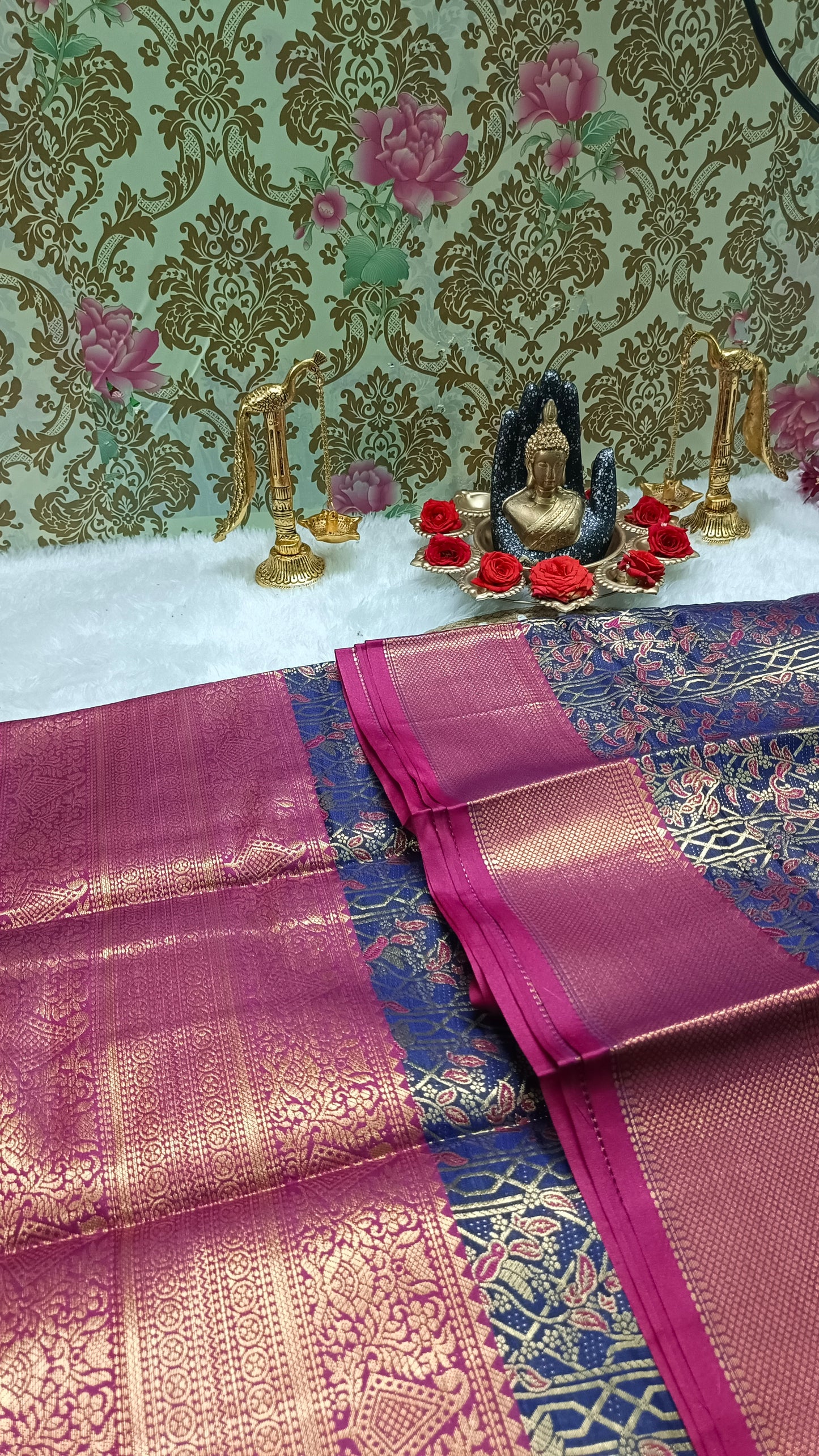 Navy blue with pink Raj Nandhini Vegan Kanchi Silk Saree JA25284