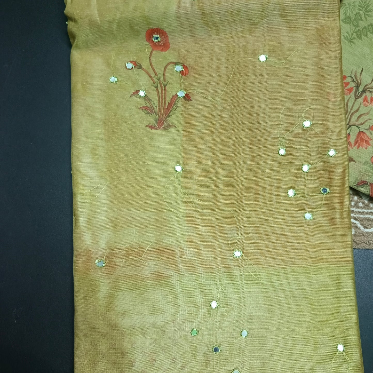 Green Vegan chanderi pichwai unstitched suits HA25365