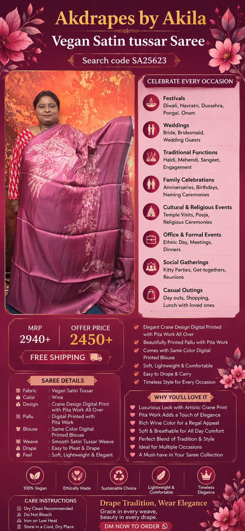 Wine Crane whisper Vegan tussar satin Digital with pita work saree SA25623