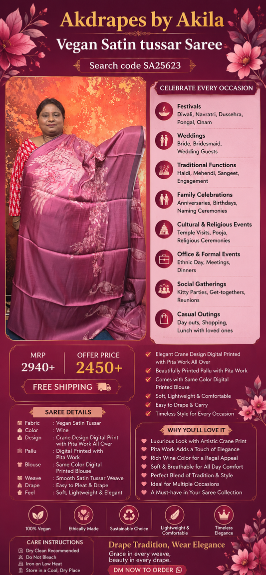 Wine Crane whisper Vegan tussar satin Digital with pita work saree SA25623