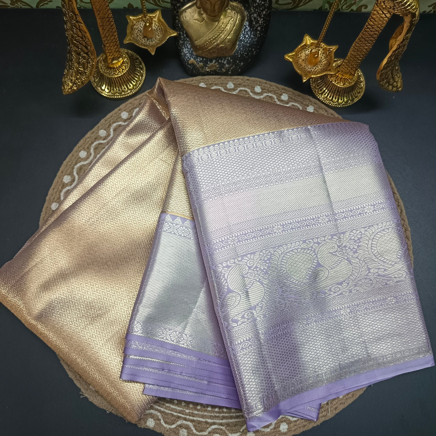 Gold with purple Radiance Heritage vegan self tissue kanchi silk saree LA25939