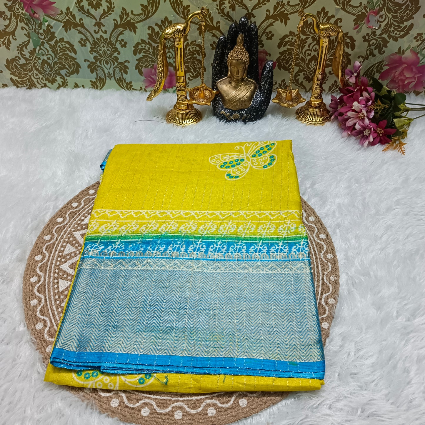 Yellow with Blue Semi dola butterfly saree SA25716