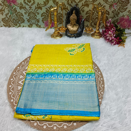 Yellow with Blue Semi dola butterfly saree SA25716