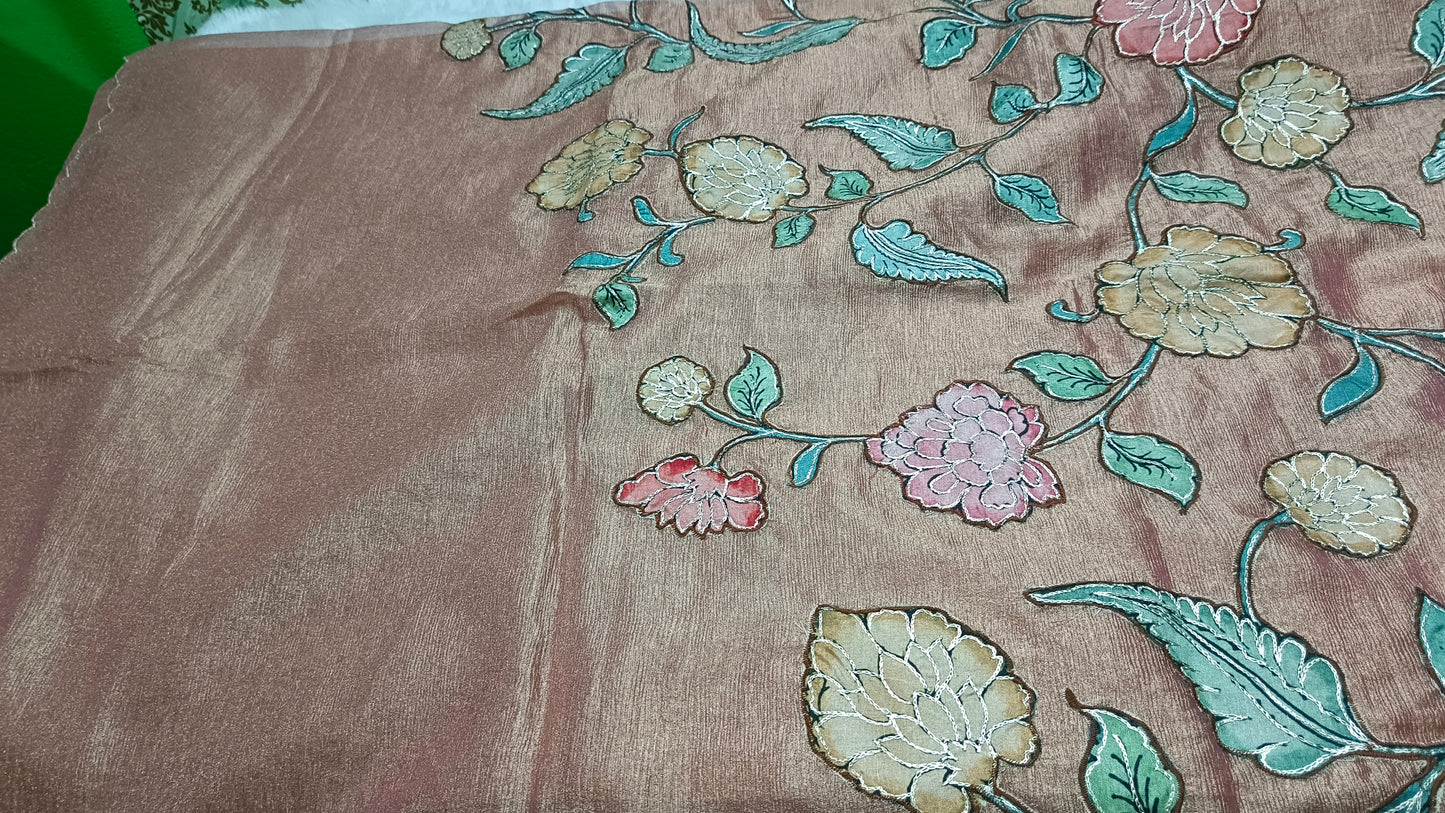 Rose Gold Floral symphony applique vegan tissue saree SA25715