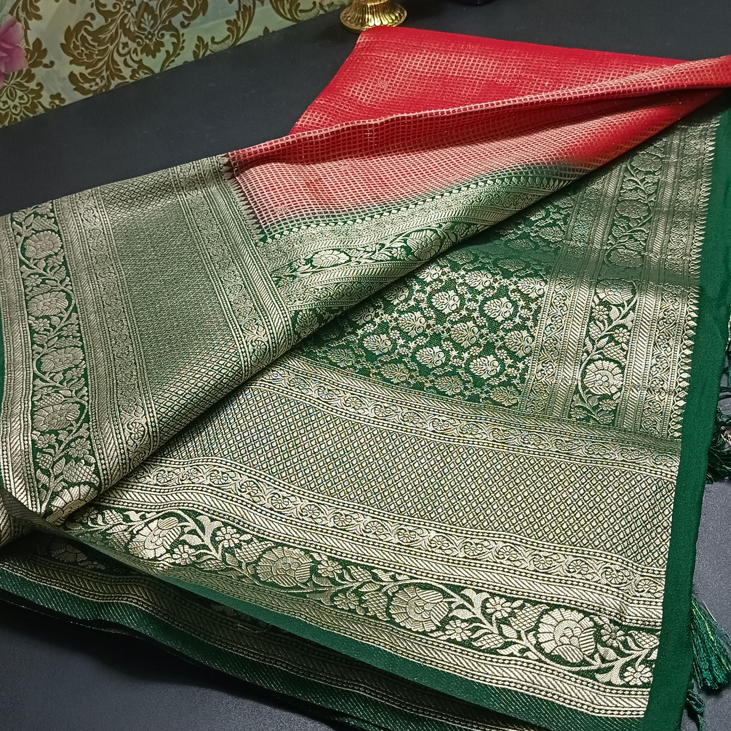 Red Zari tara vegan banarasi kaddi georgette saree MA25260
