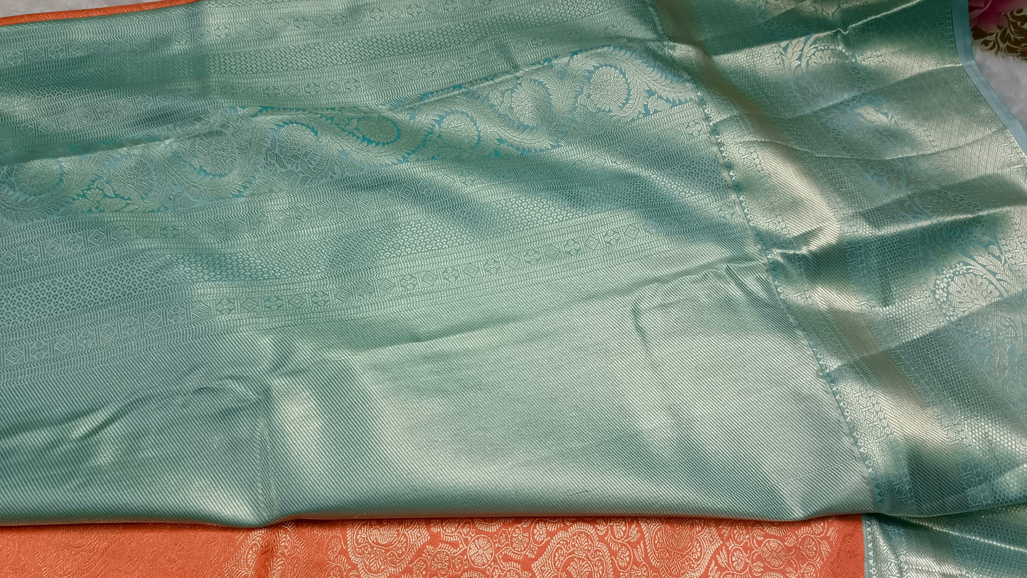 Peach with pastel green Aishwariyam vegan kanchi brocade silk saree LA25949