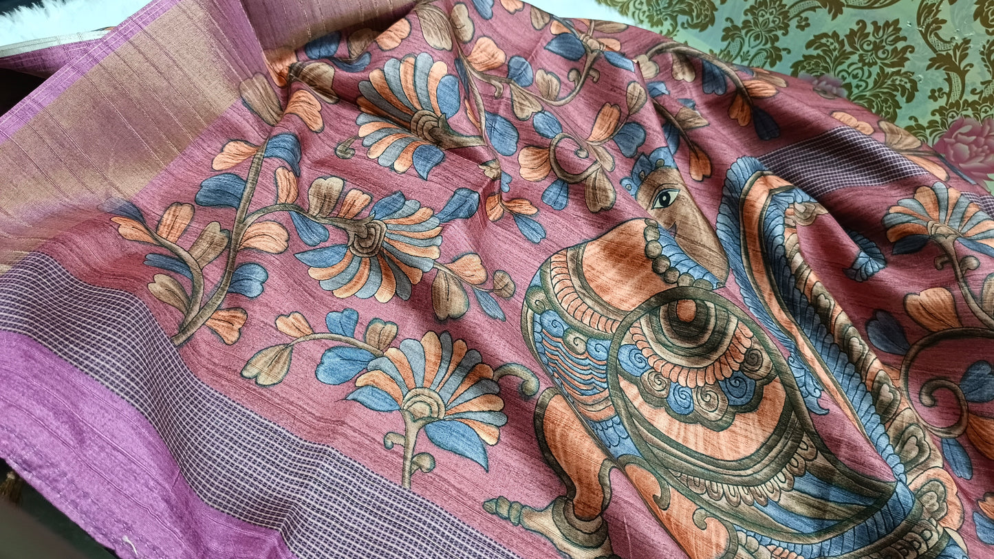 Pink with purple khushboo digital printed kalamkari vegan tussar saree SA25694