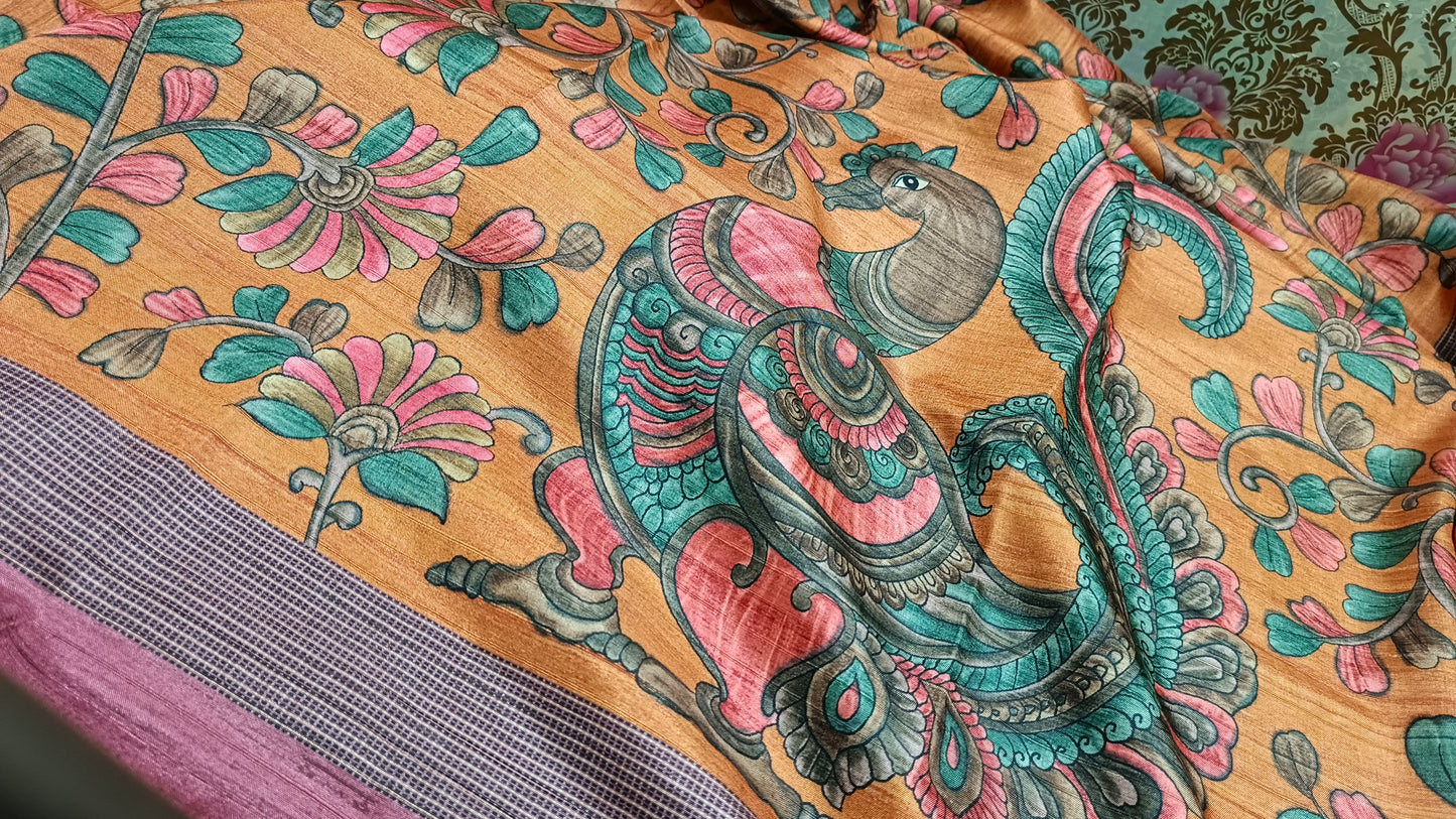 Rust orange khushboo digital printed kalamkari vegan tussar saree SA25693