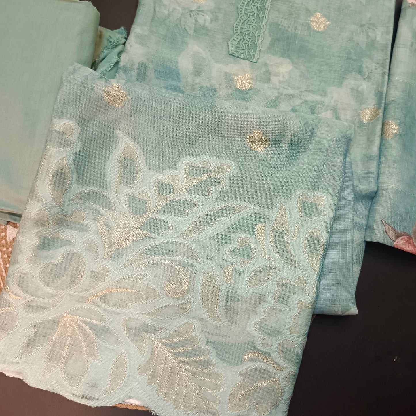 Ice blue Linen Jamdhani Cutwork vegan Unstitched Suit PA25069