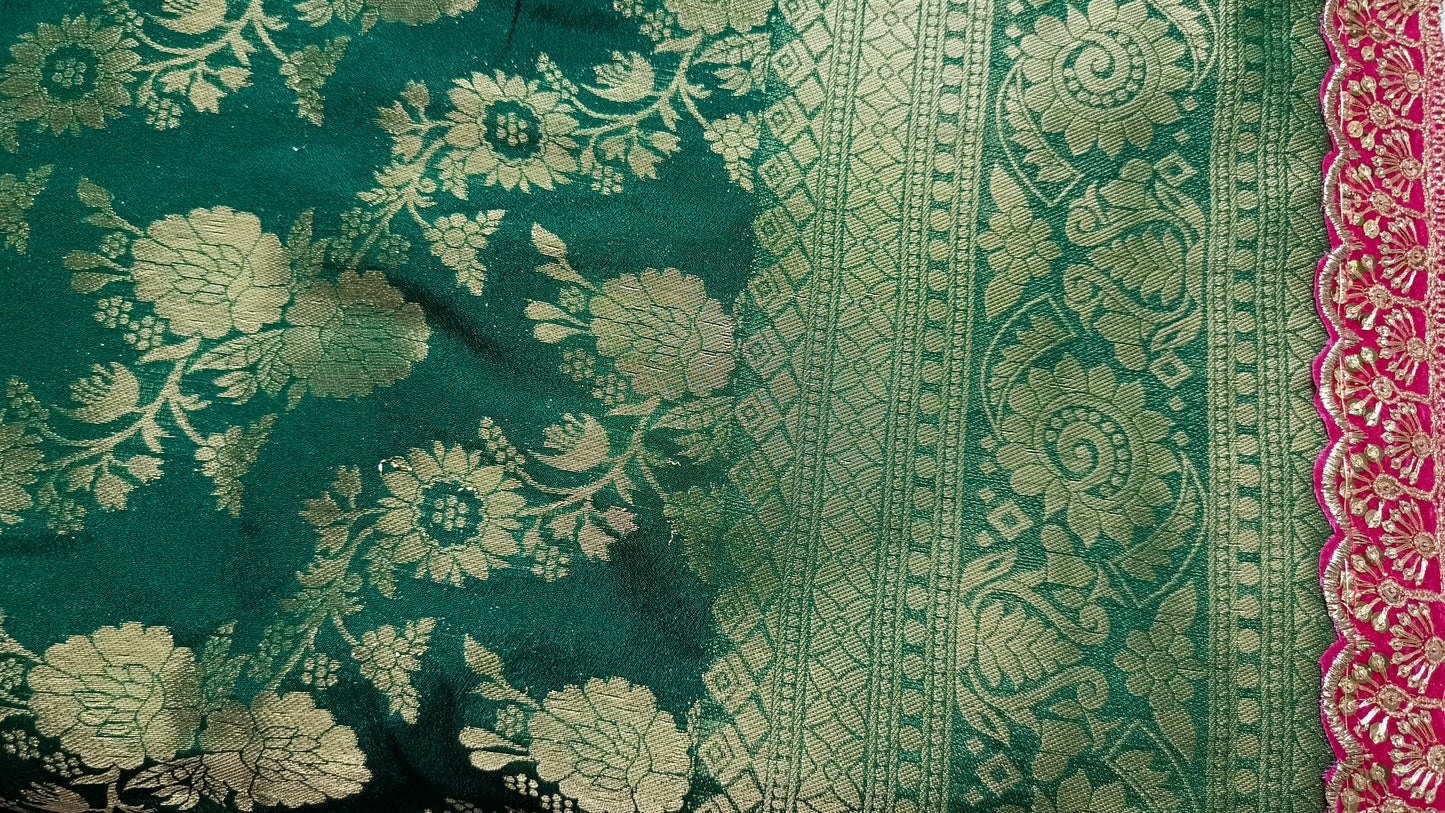 Dark green with pink Royal banarasi vegan kaddi georgette saree JA25328