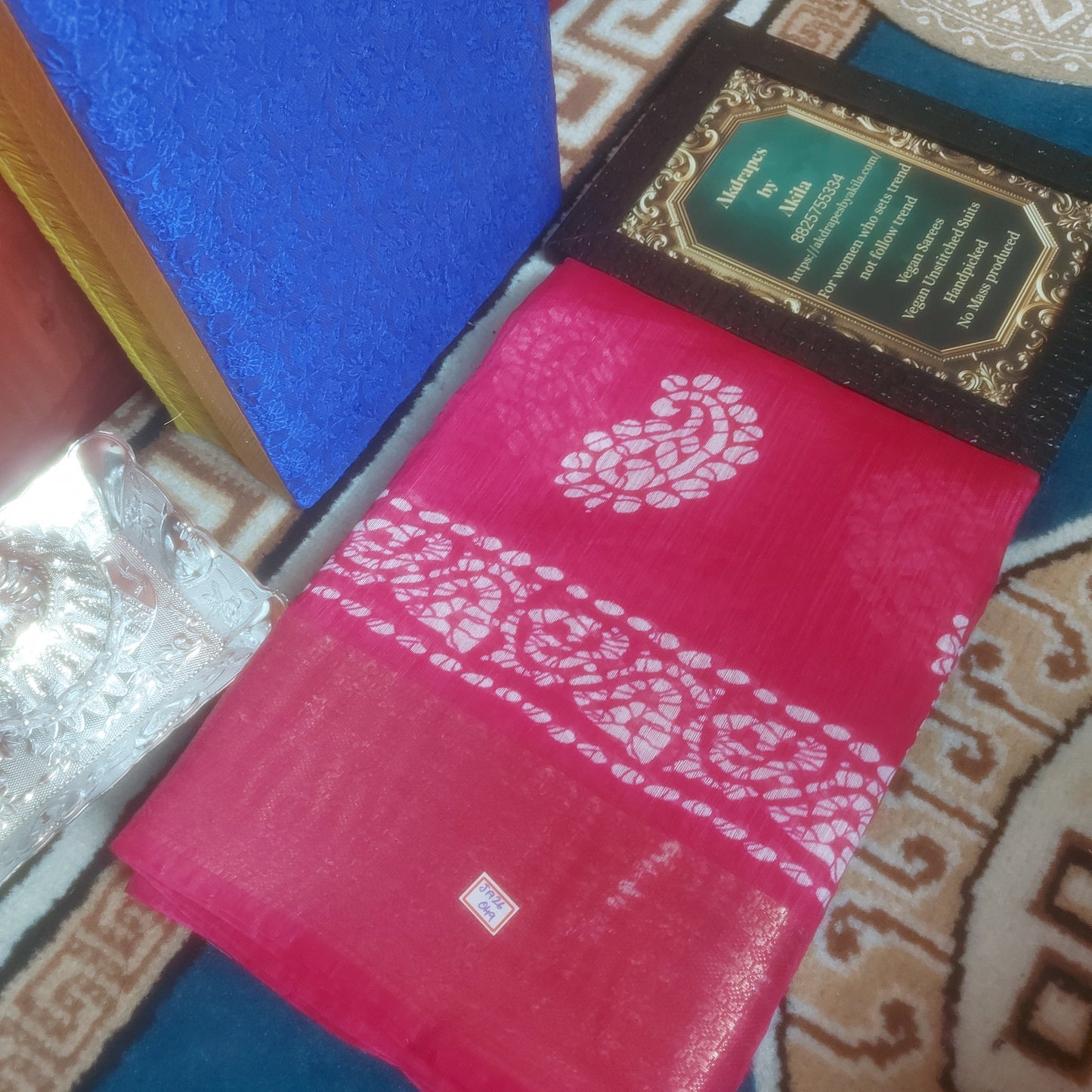 Pink Vegan lenin Mango batik weaving border saree JA26049