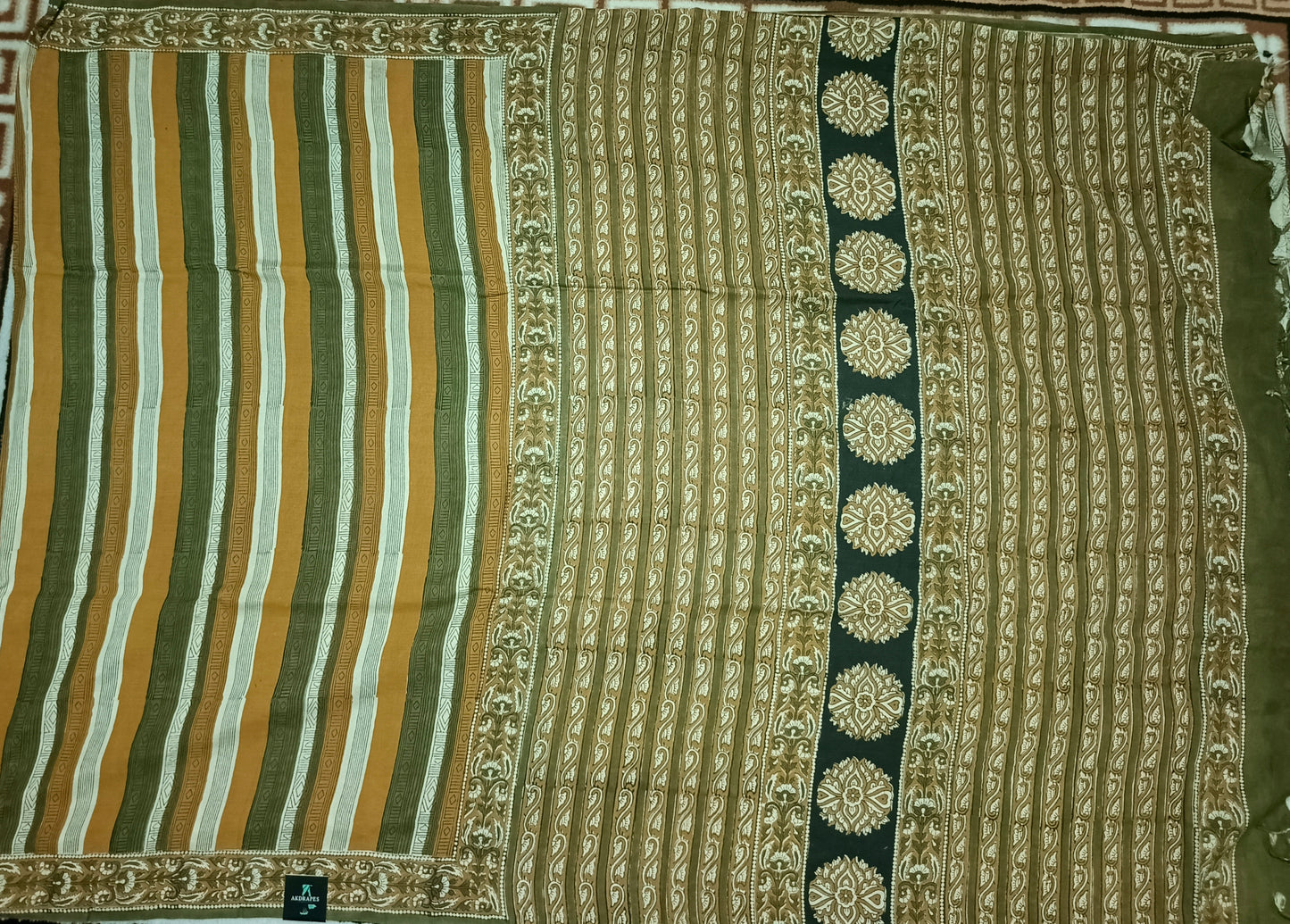 Green Mustard Vegan assam silk cotton bagru printed saree HA25535