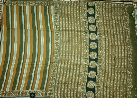 Green Mustard Vegan assam silk cotton bagru printed saree HA25535