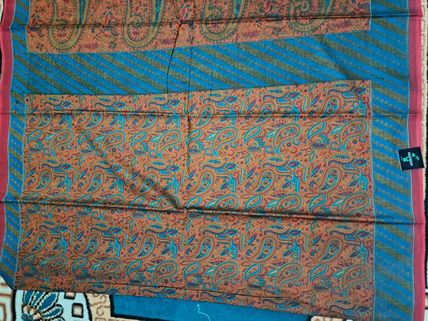 Mustard Yellow Paisley screen printed vegan muslin saree HA25543