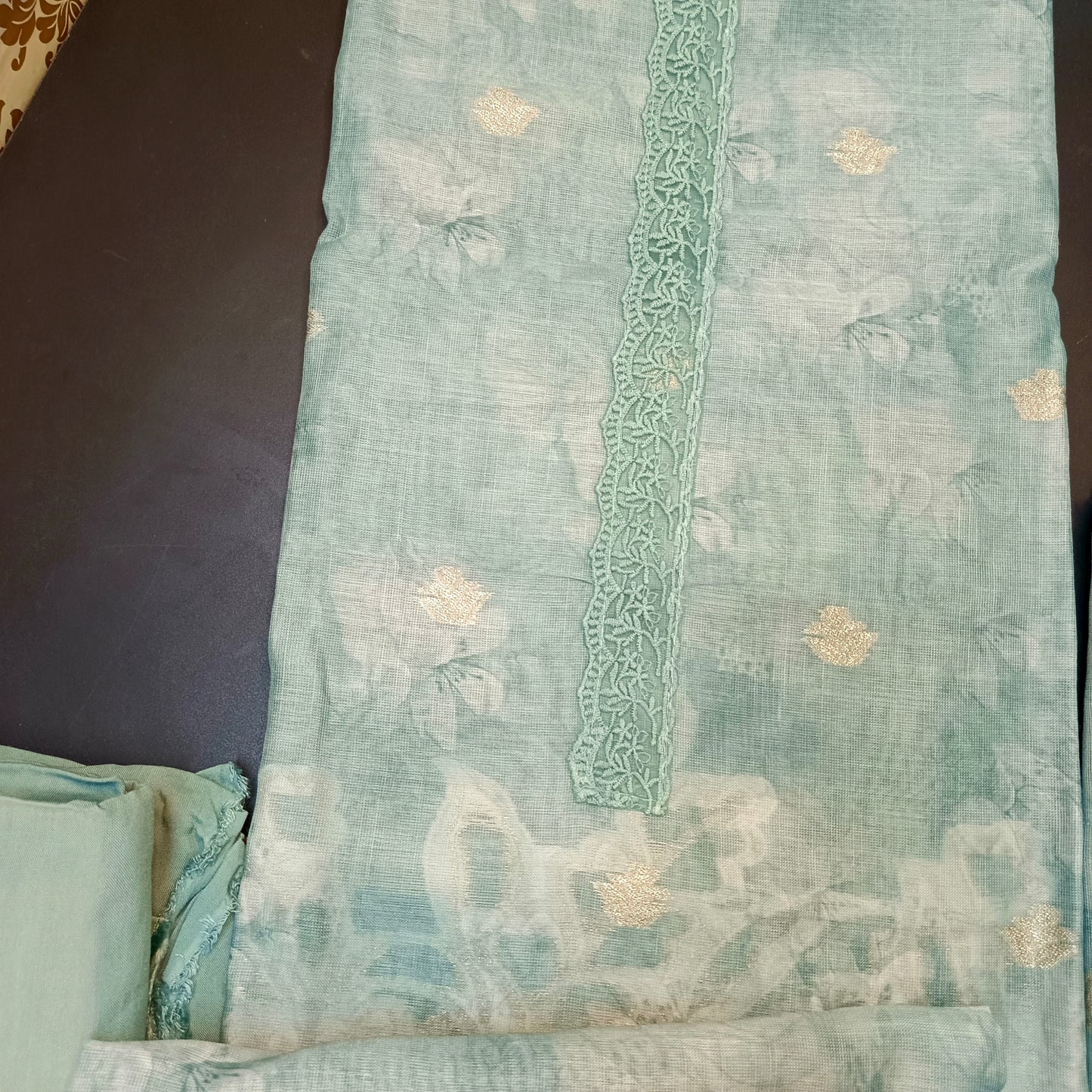 Ice blue Linen Jamdhani Cutwork vegan Unstitched Suit PA25069