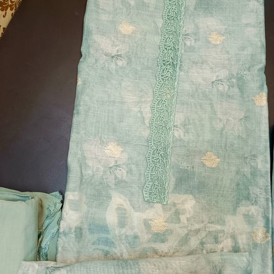 Ice blue Linen Jamdhani Cutwork vegan Unstitched Suit PA25069