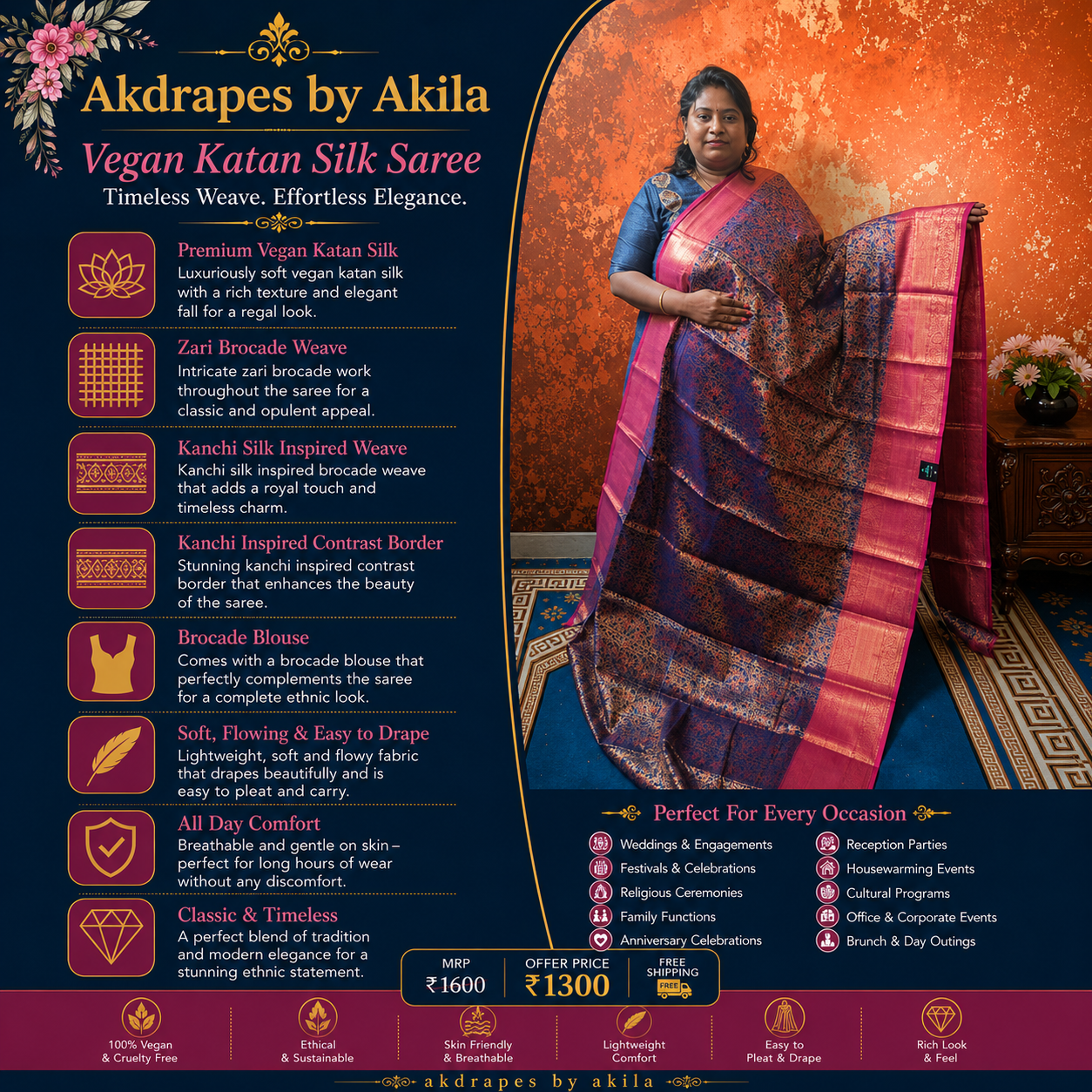 Navy blue with pink Raj Nandhini Vegan Kanchi Silk Saree JA25284