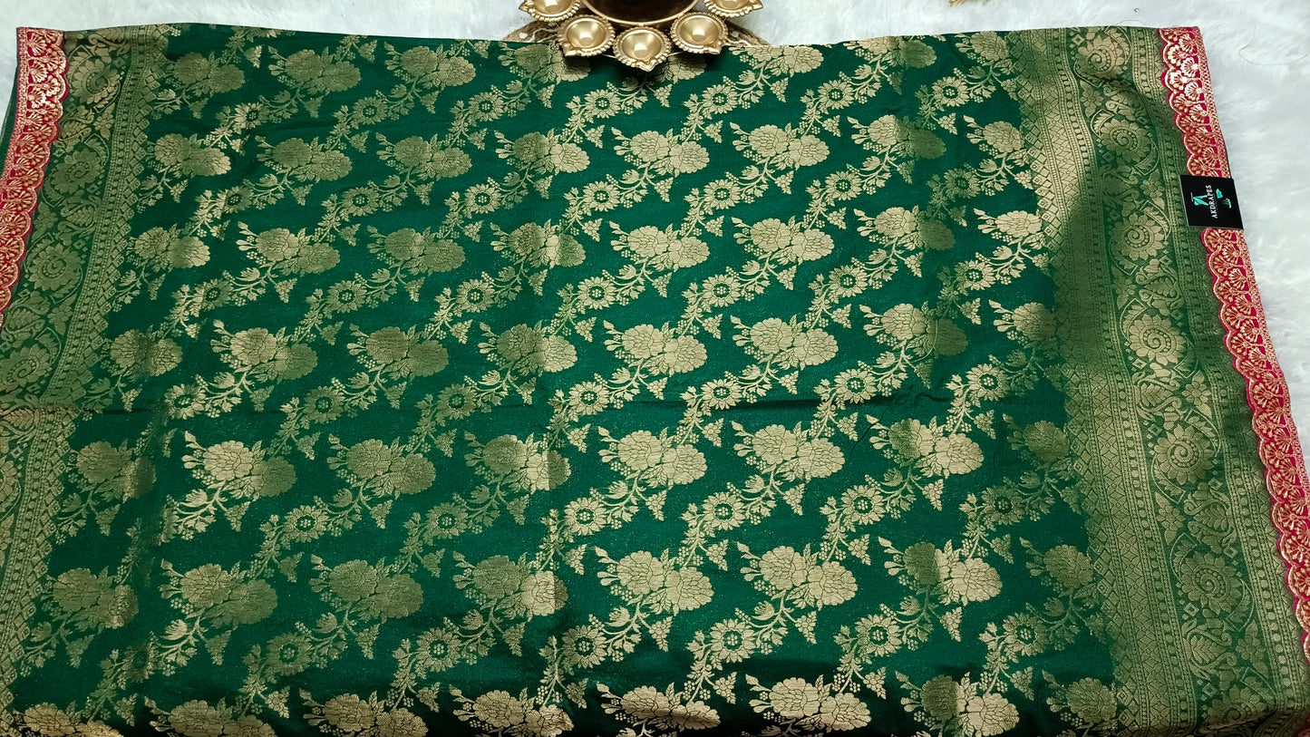 Dark green with pink Royal banarasi vegan kaddi georgette saree JA25328