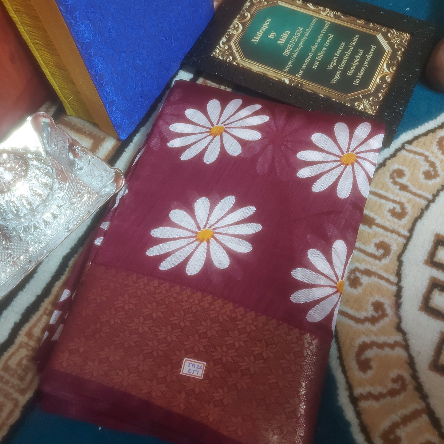 Wine vegan linen sunflower weaving border saree JA26057