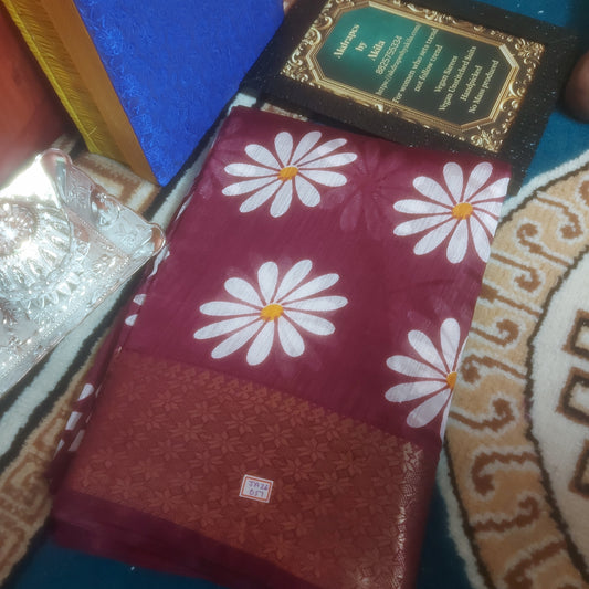 Wine vegan linen sunflower weaving border saree JA26057