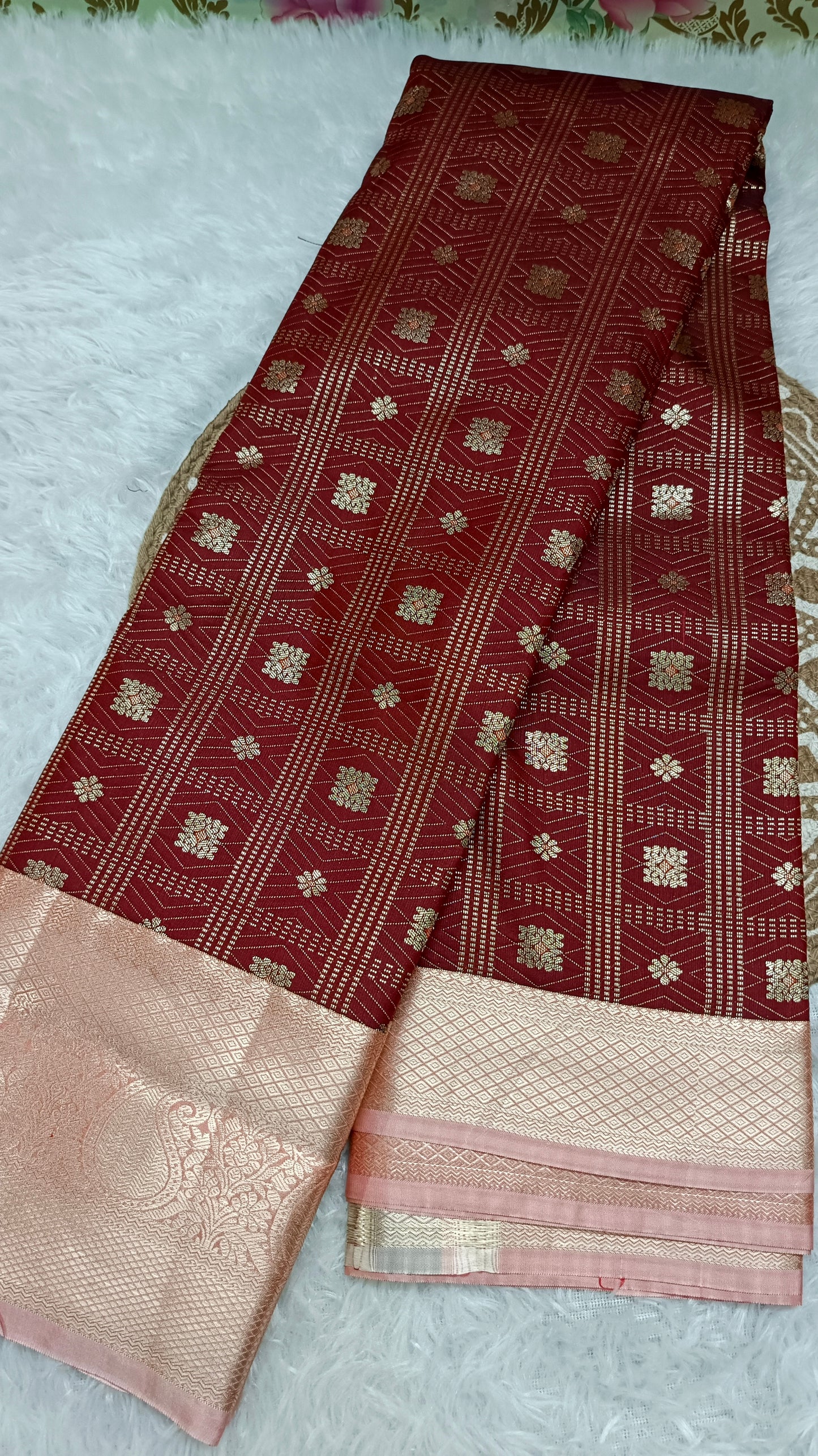 Maroon with pastel peach Parijatham Vegan premium kanchi brocade silk saree LA25929