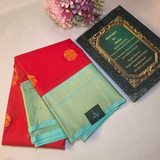 Red Pastel blue Parampara vegan kanchi silk saree GA26158