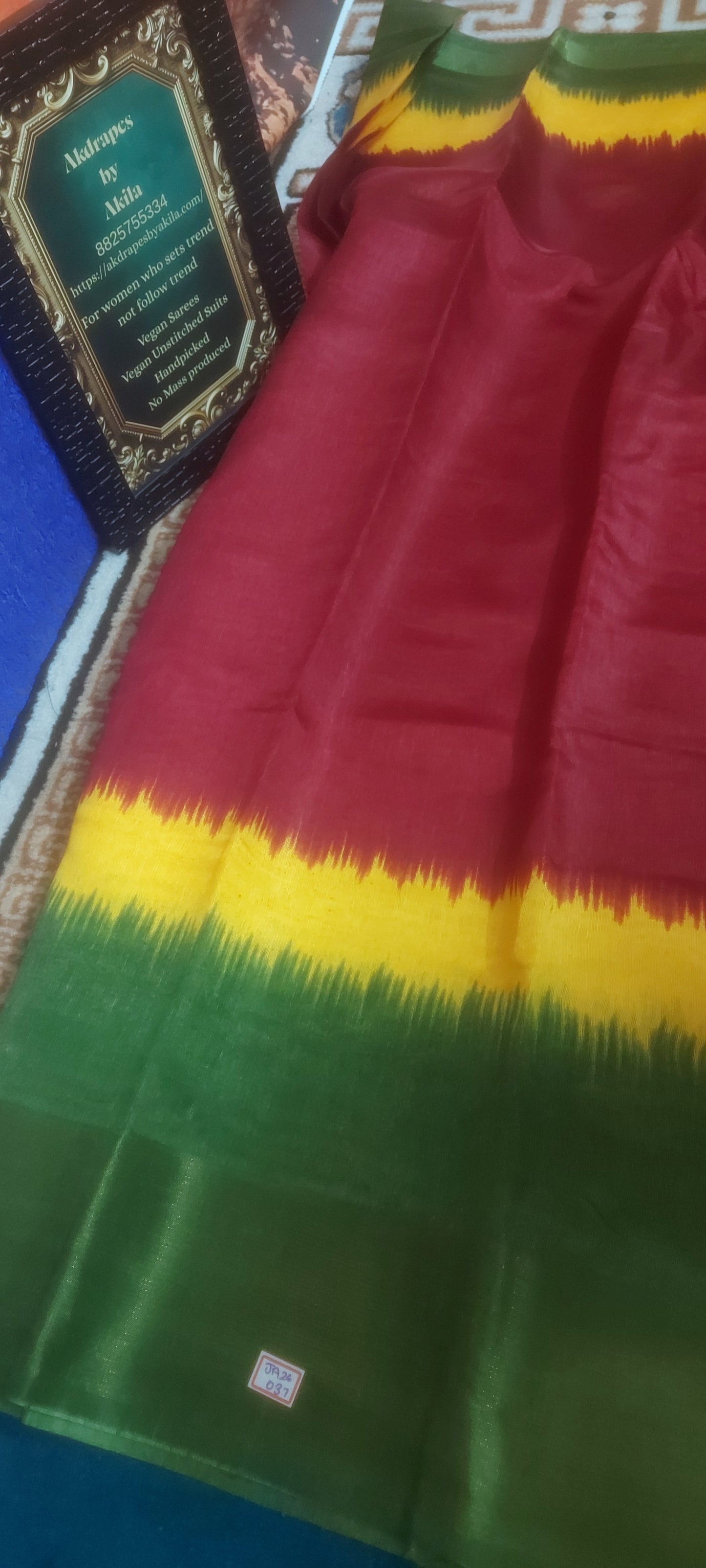 Maroon Tricolor vegan linen zari border saree JA26037