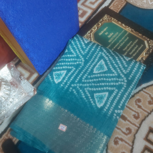 Blue vegan bandhini linen weaving border saree JA26083