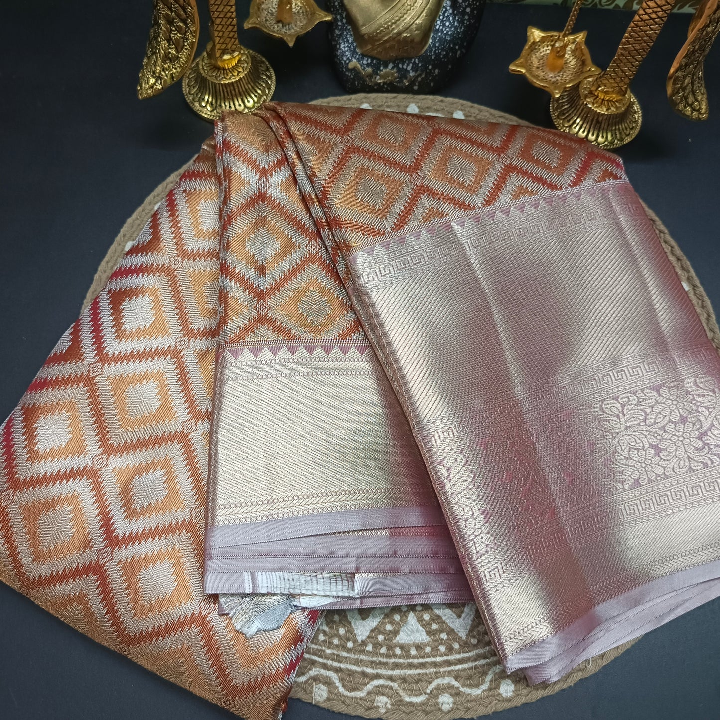 Copper with gold Radiance Heritage vegan self tissue kanchi silk saree LA25934