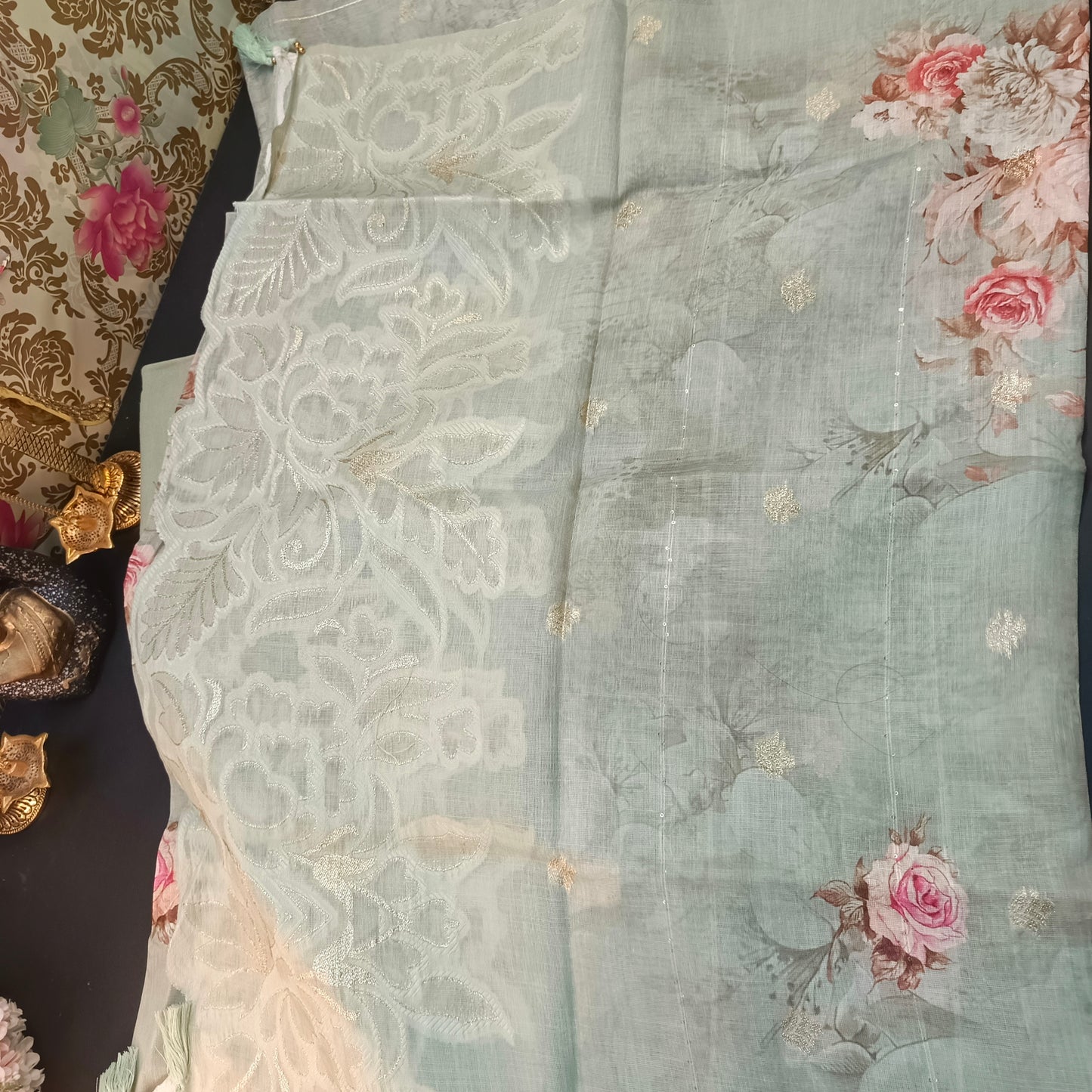 Mint Green Linen Jamdhani Cutwork vegan Unstitched Suit PA25066