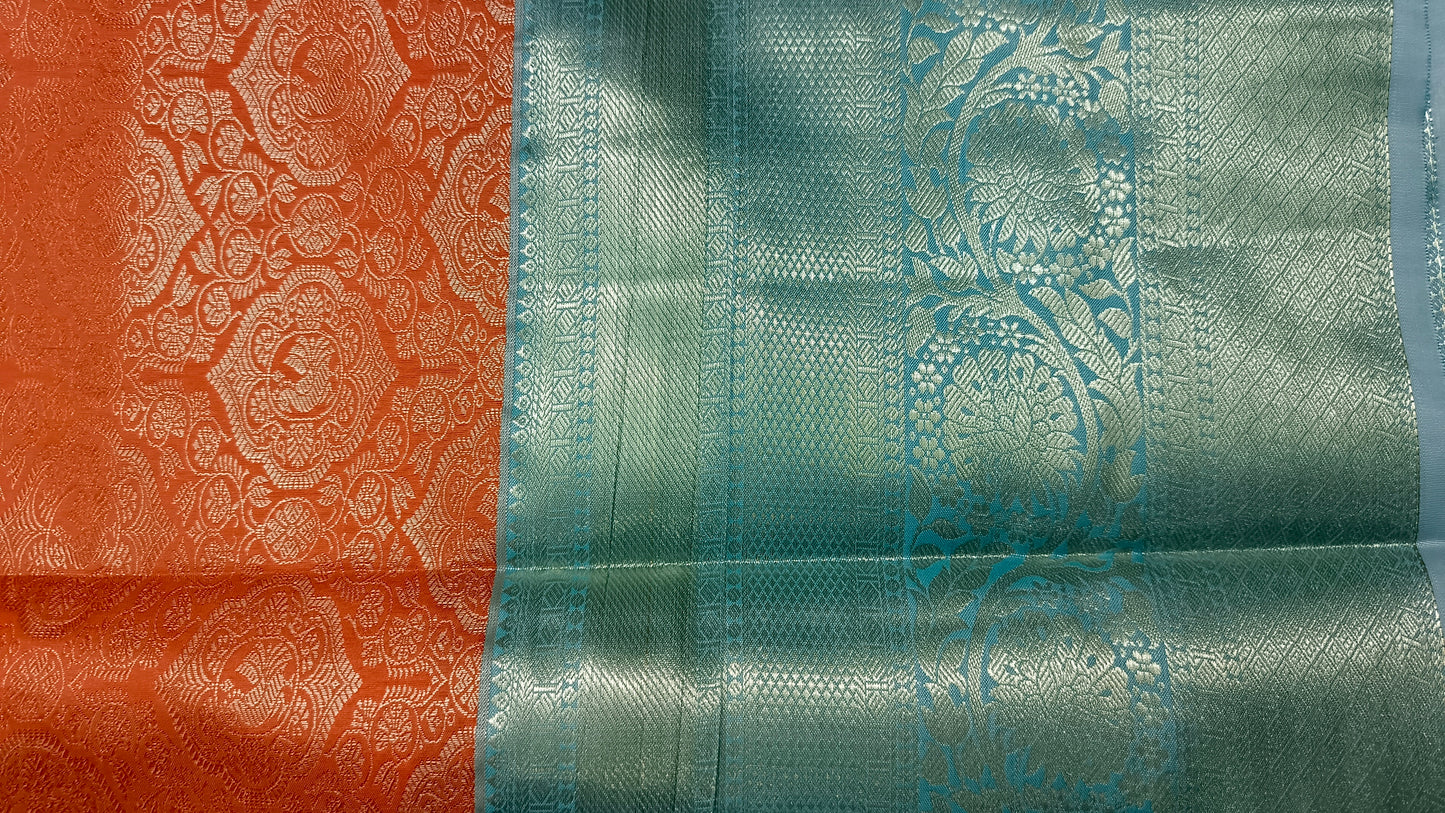 Peach with pastel green Aishwariyam vegan kanchi brocade silk saree LA25949