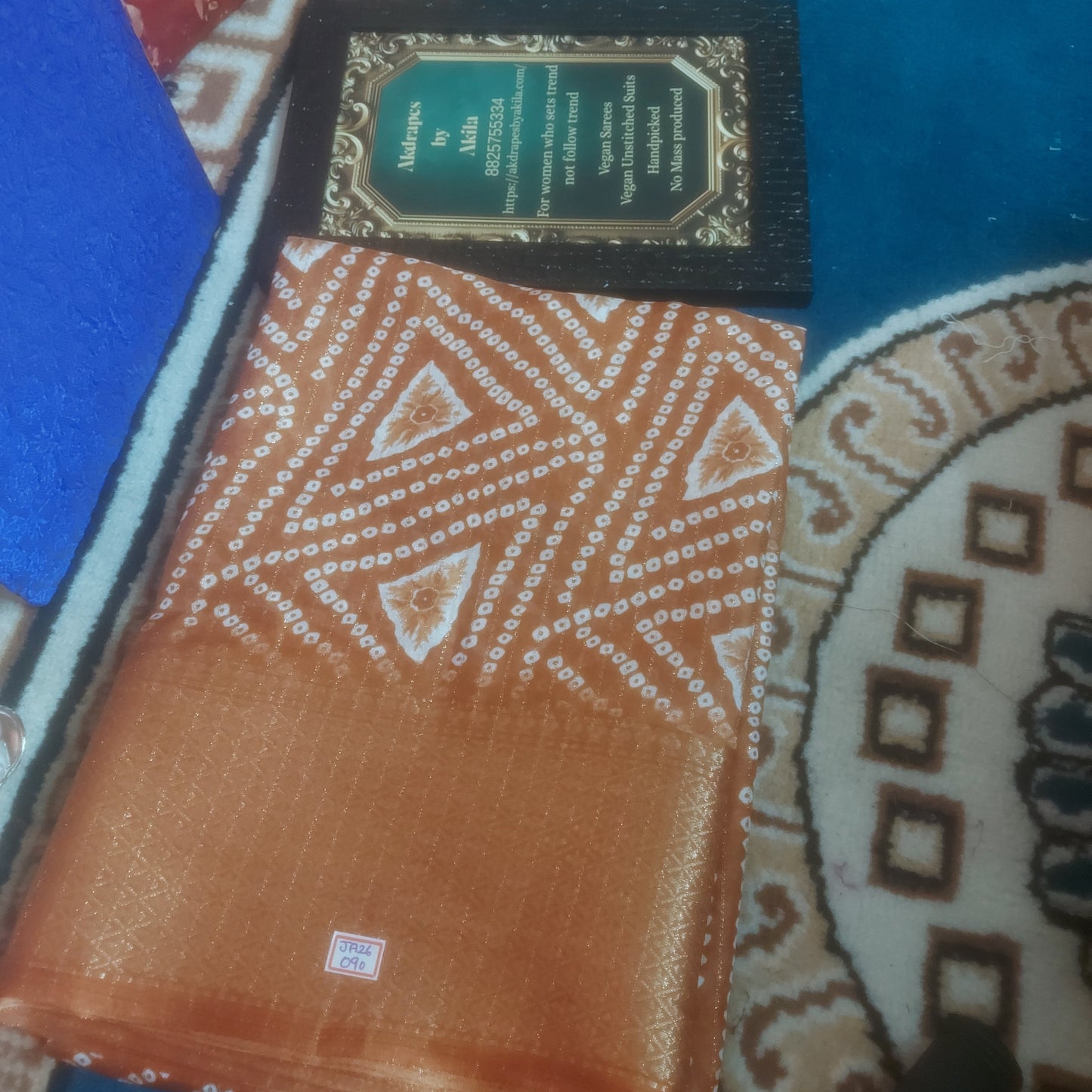 Rust Orange Bandhini vegan dola weaving border saree JA26091