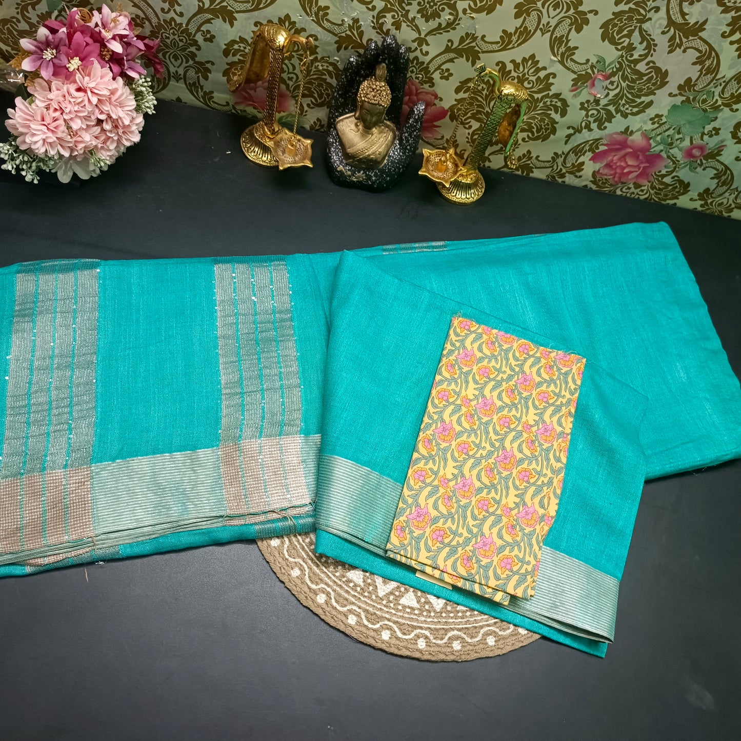 Sea green Candy vegan linen saree HA25511