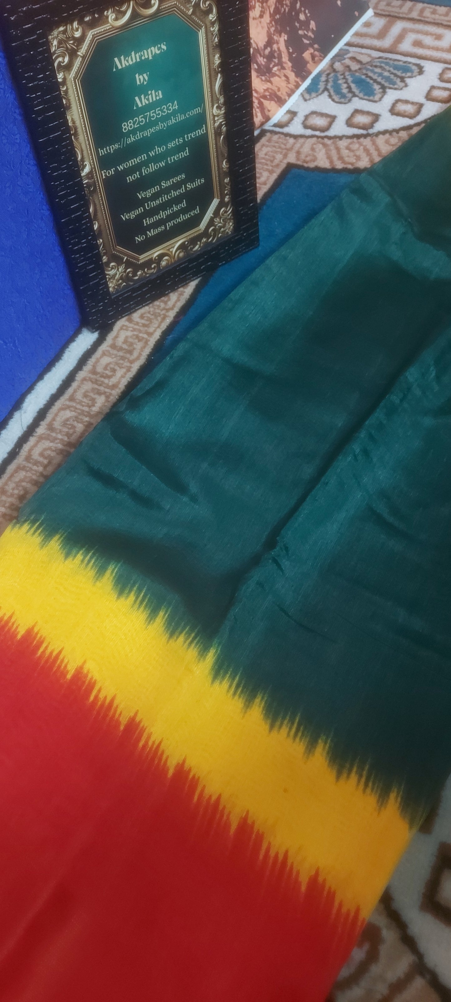 Bottle green Tricolor vegan linen zari border saree JA26036