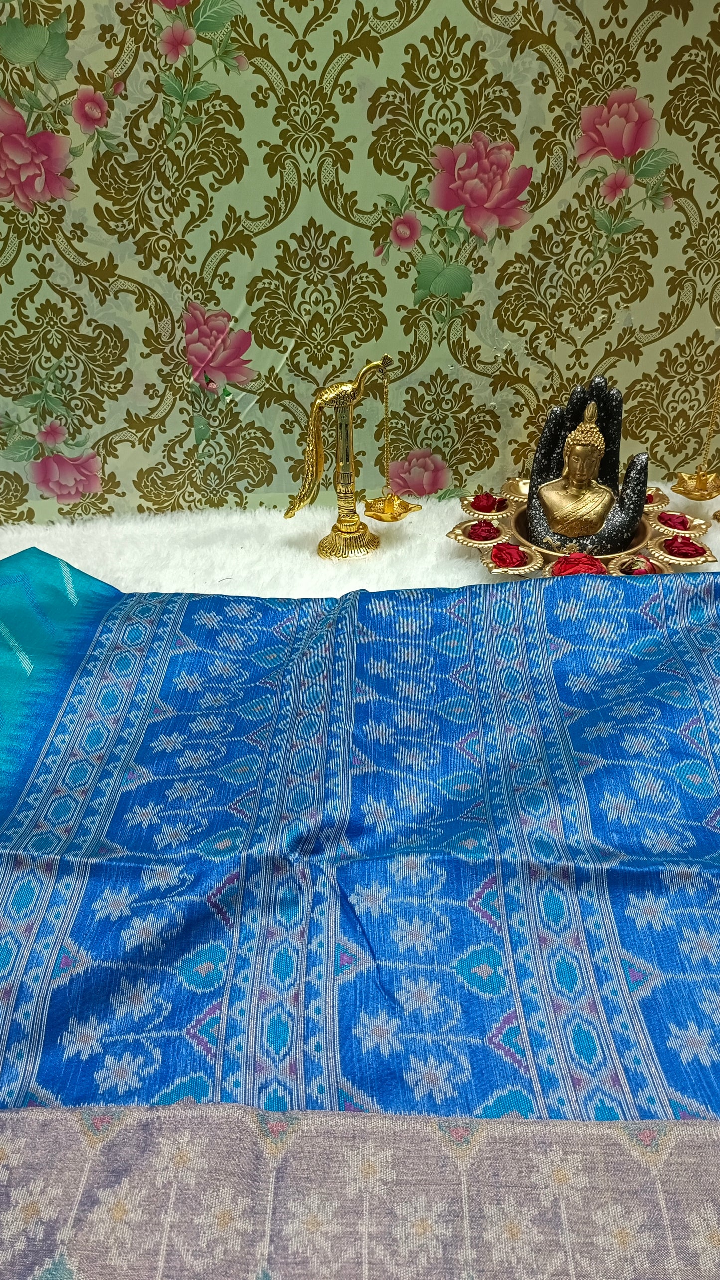 Sapphire blue with Royal Blue Zigzag Hand Weave Ikkat Vegan silk cotton saree HA25428