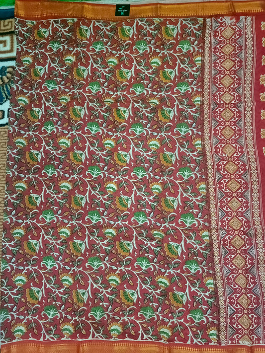 Red Kalamkari veg dyed Vegan Magalgiri silk cotton Saree HA25472