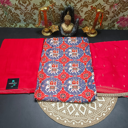 Grey red patola chinnon Unstitched suits HA25398