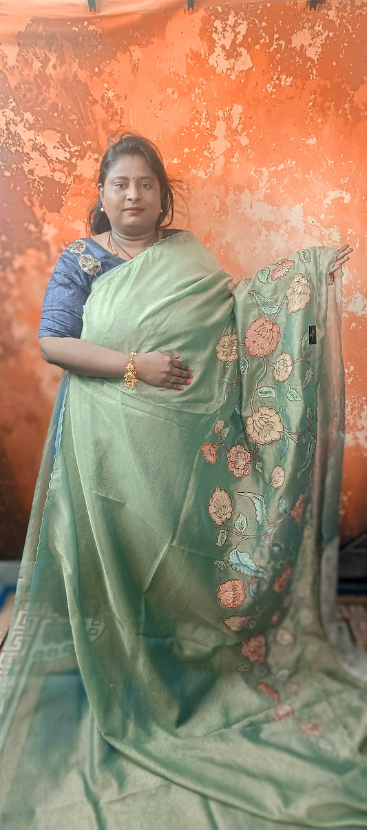 Green Floral symphony applique vegan tissue saree SA25714