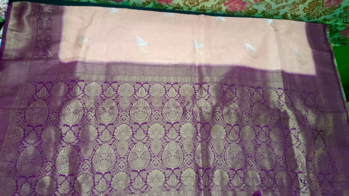 Pastel Peach purple  Midhuna Pakshi Premium Vegan Crepe silk Saree MA25214
