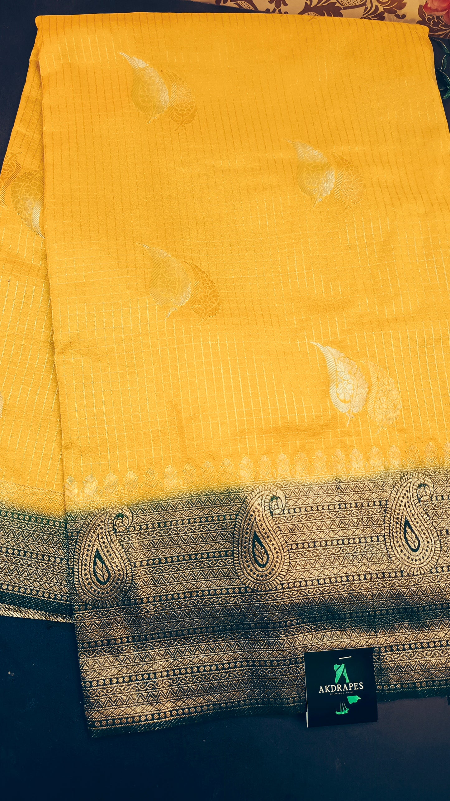 Lemon yellow Mango design Midhuna Pakshi Premium Vegan Crepe silk Saree MA25220