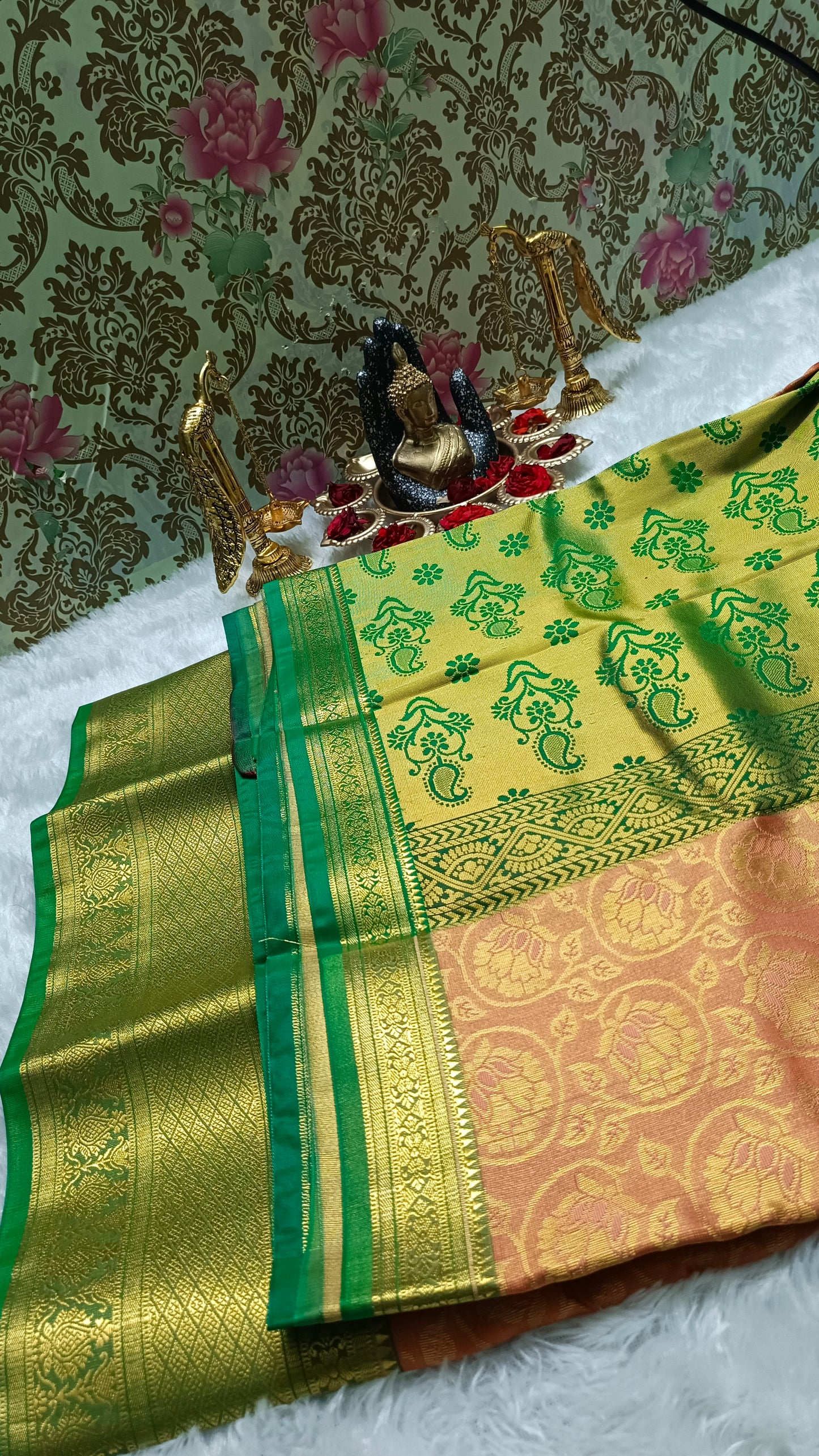 Sunset Blossom Vegan Kanchi Tissue Silk Saree Orange