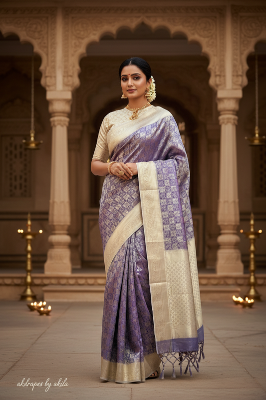 Royal blue Parijatham Vegan premium kanchi brocade silk saree LA25921