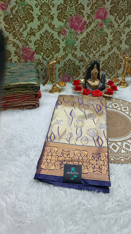 Blue Tulika golden bridal tissue Vegan kanchi saree