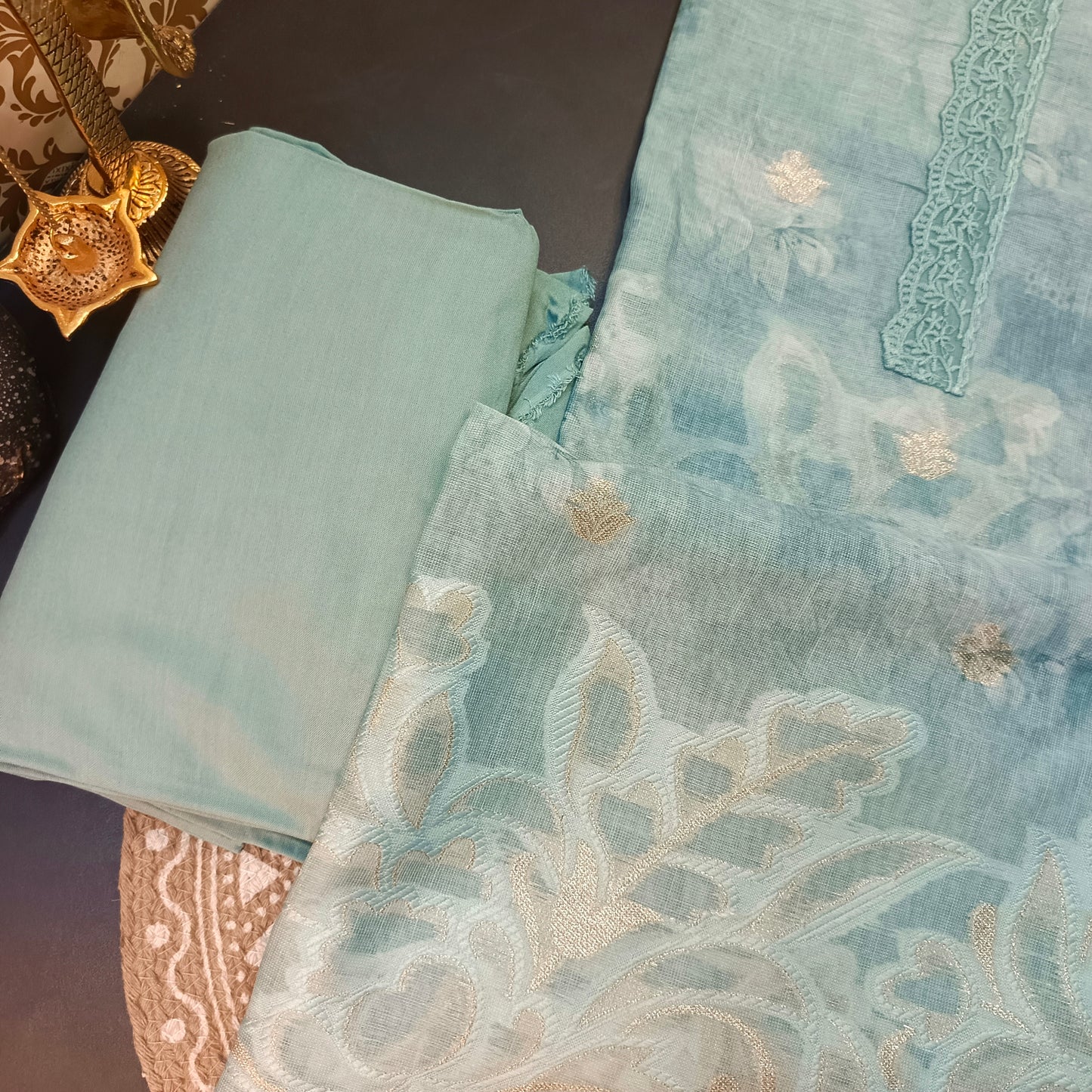 Ice blue Linen Jamdhani Cutwork vegan Unstitched Suit PA25069
